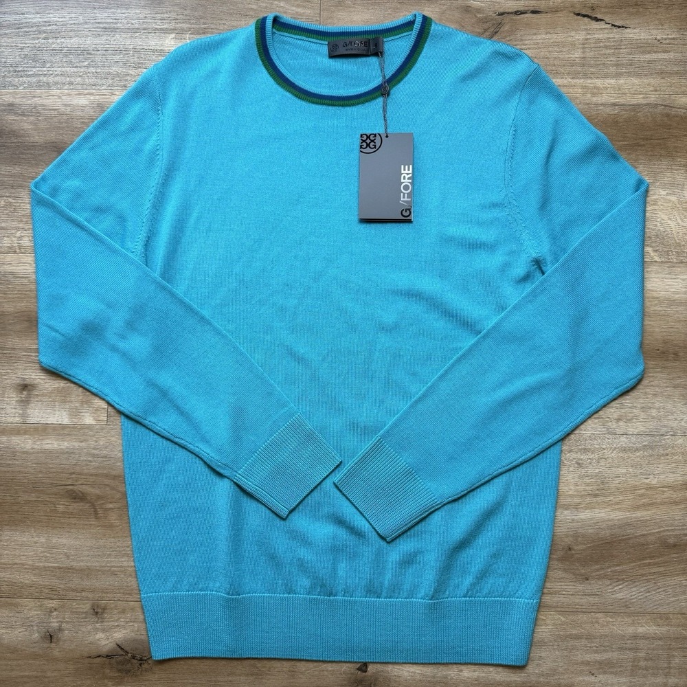 G/FORE Crewneck Sweater Men S Turquoise 100% Wool G4MS23S102 Striped Collar Golf
